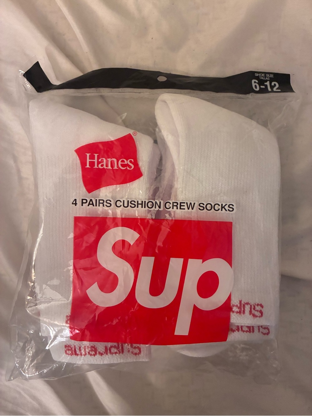 Hanes White Cushion Crew Socks with Red Logo - Pack of 4